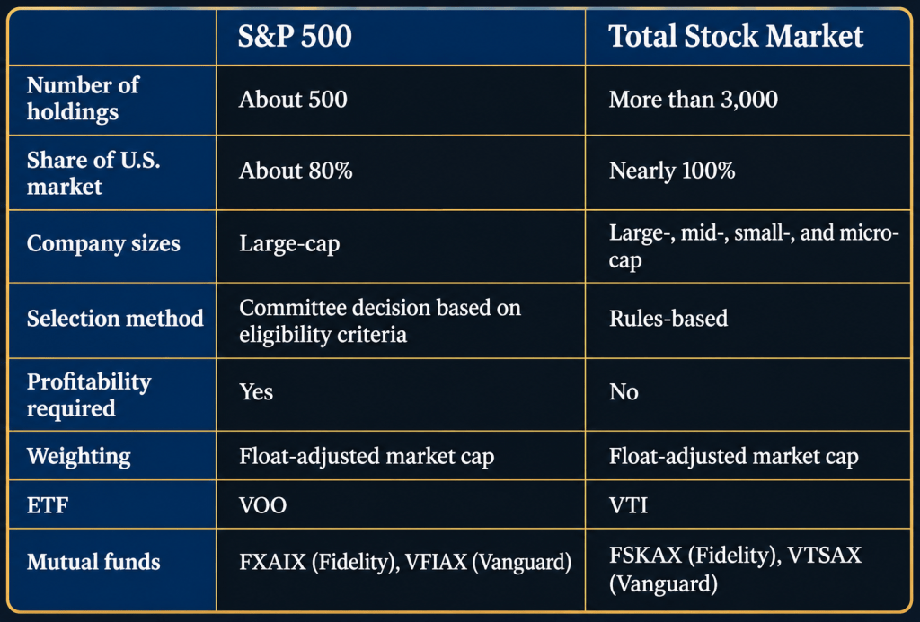 Side-by-side comparison table of the S&P 500 and the total stock market, including example funds for each